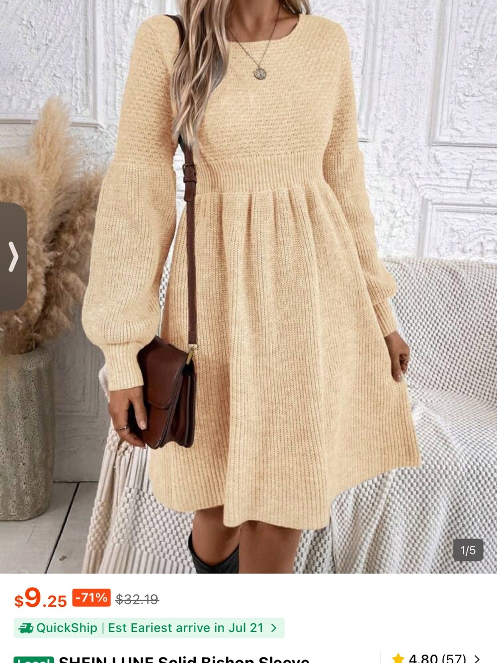 SHEIN Cream Knit Long Sleeve Babydoll Dress
